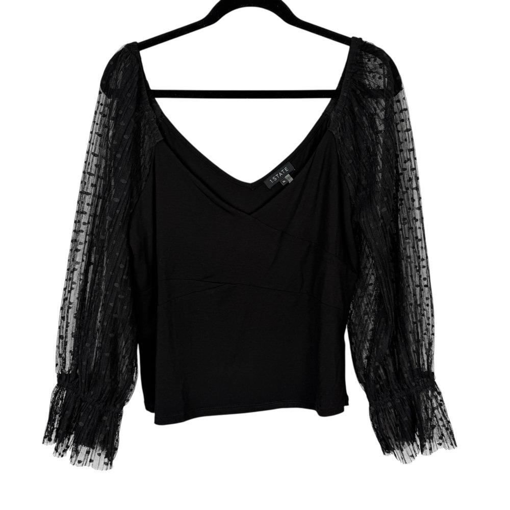 1. State Womens Black Sheer Blouse Top Lace Long Sleeve Wrap Front XL Going Out